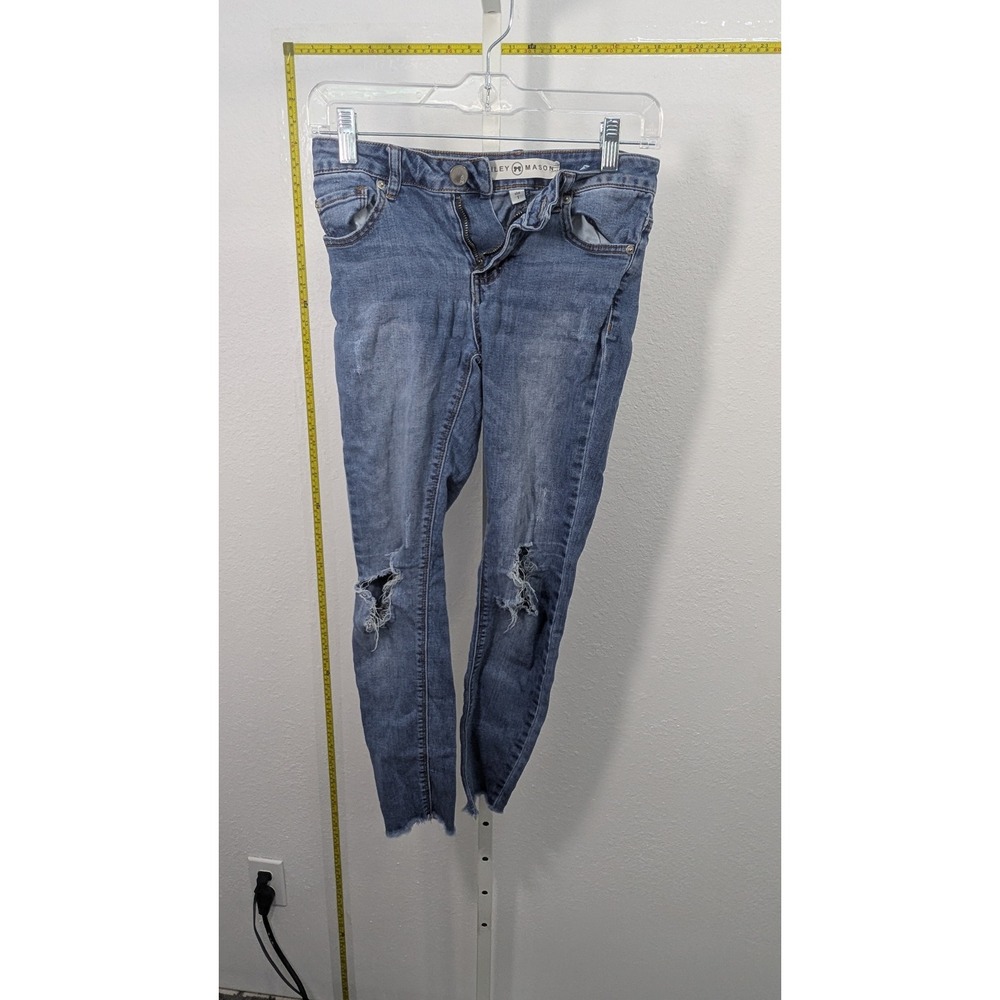 Ashley‎ Mason Distressed Skinny Jeans Blue Medium Wash Ripped Raw Hem Size 1